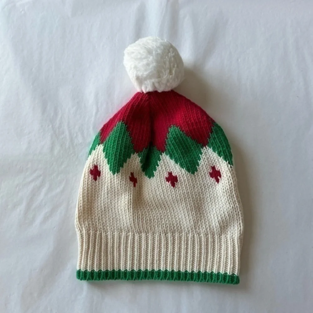 Garnet Hill Kids Green Red White Knit Pom Pom Cotton Hat Beanie‎